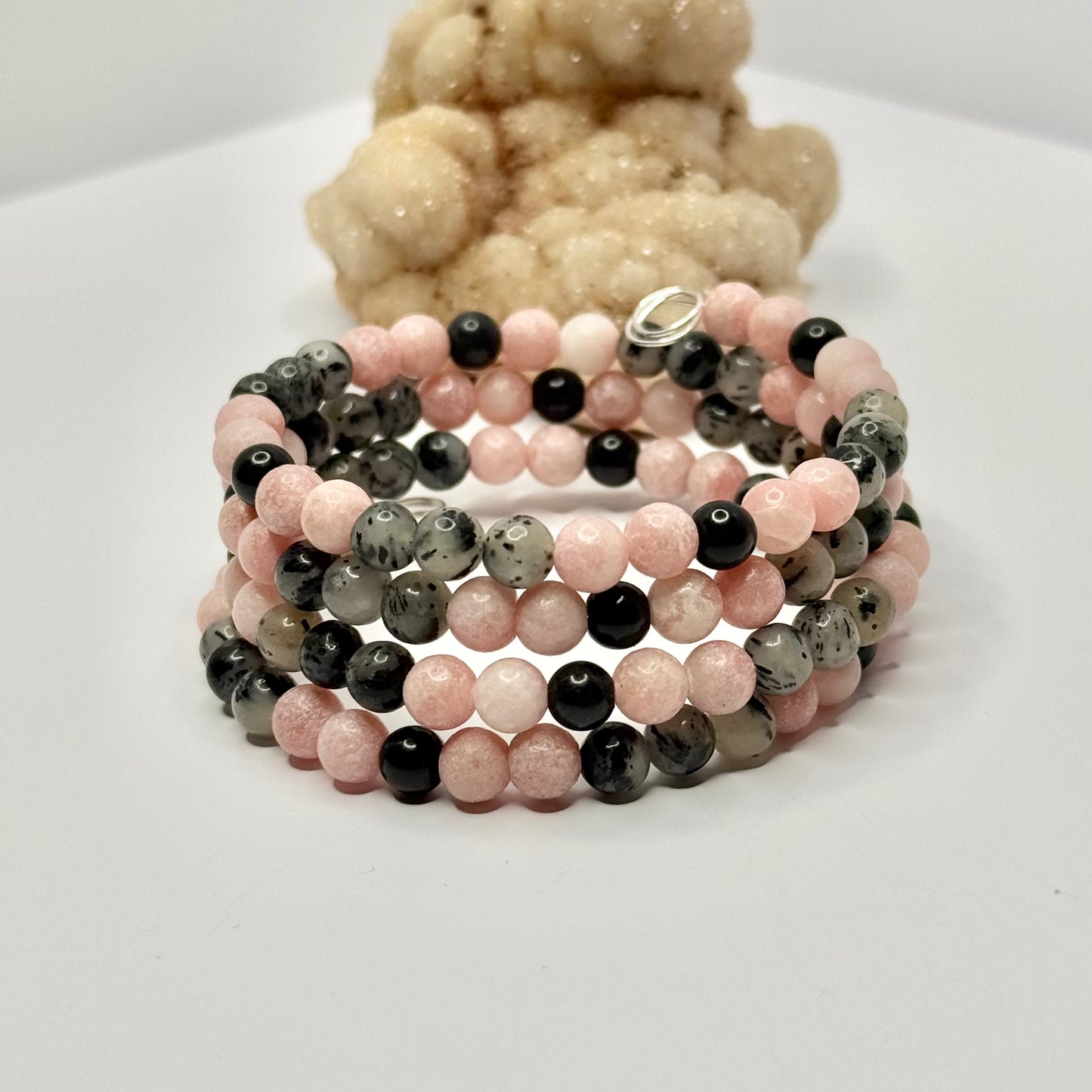 Pink Opal, Dendritic Agate, and Hematite Wrap Bracelet