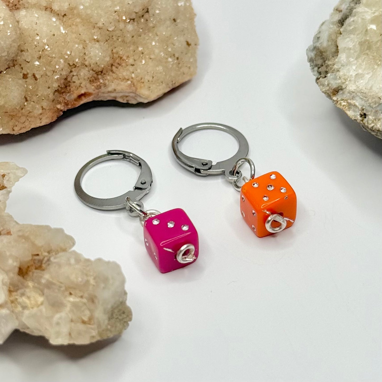 Silver Pink and Orange Dice Huggie Earrings