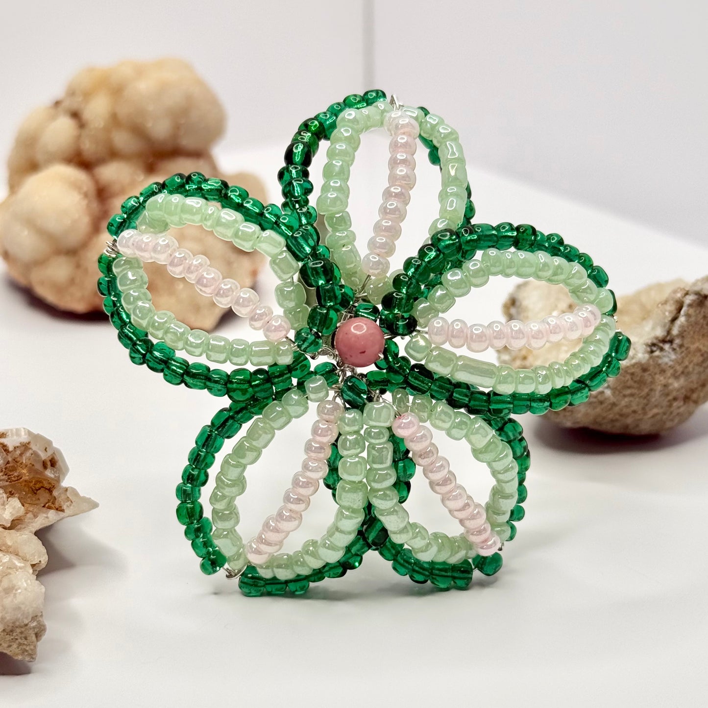 Green and Pink Beaded Flower Stake