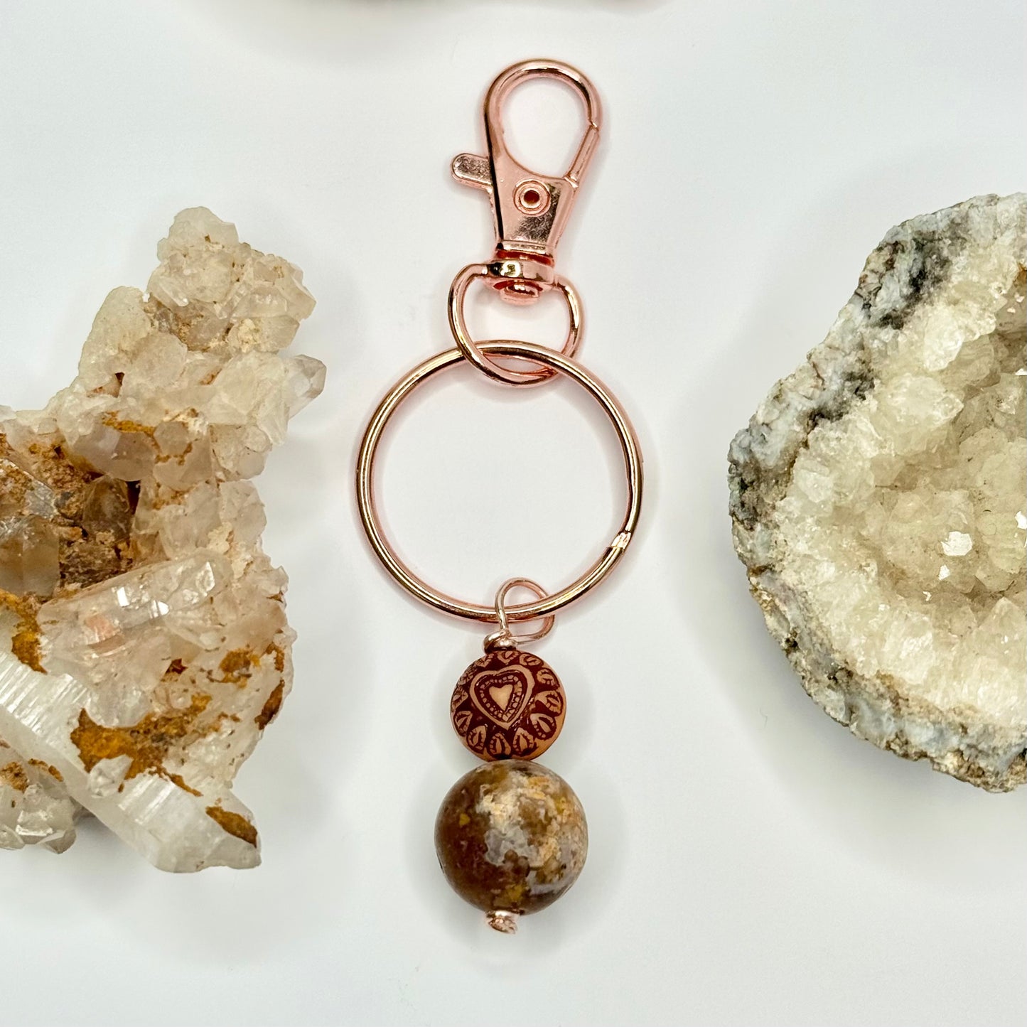 Rose Gold Ocean Jasper and Wood Keychain