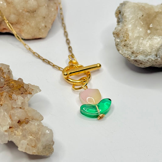 Gold Pink Tulip Toggle Necklace