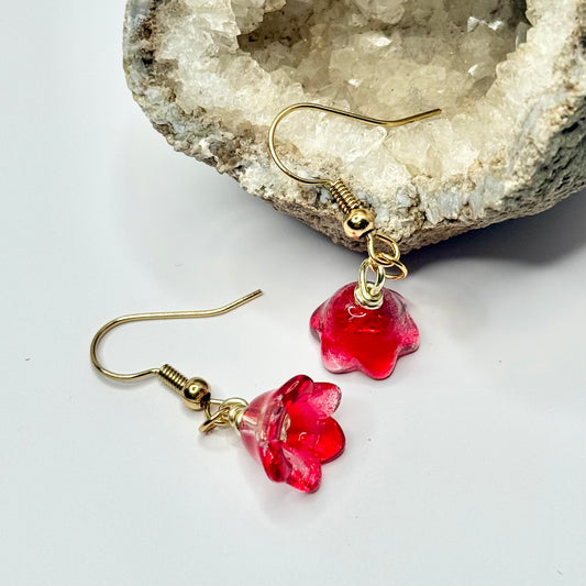 Gold Red Flower Earrings