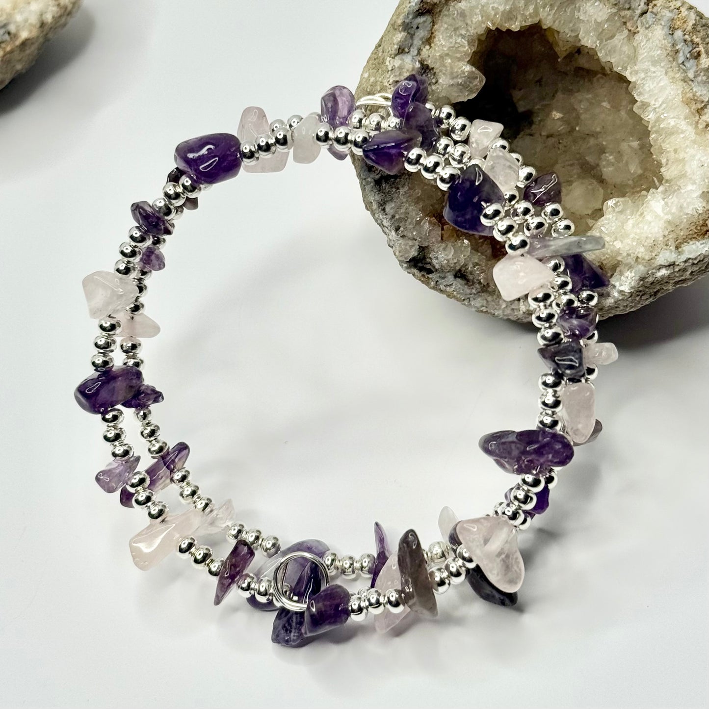 Silver Amethyst and Rose Quartz Wrap Bracelet