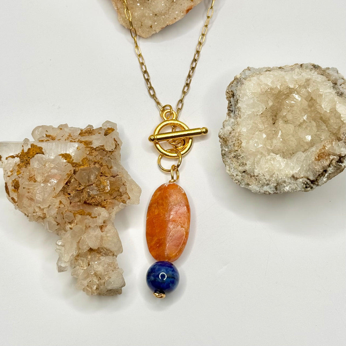 Gold Orange Calcite and Lapis Toggle Necklace