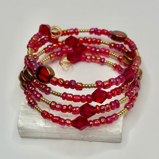 Gold Red Beaded Wrap Bracelet