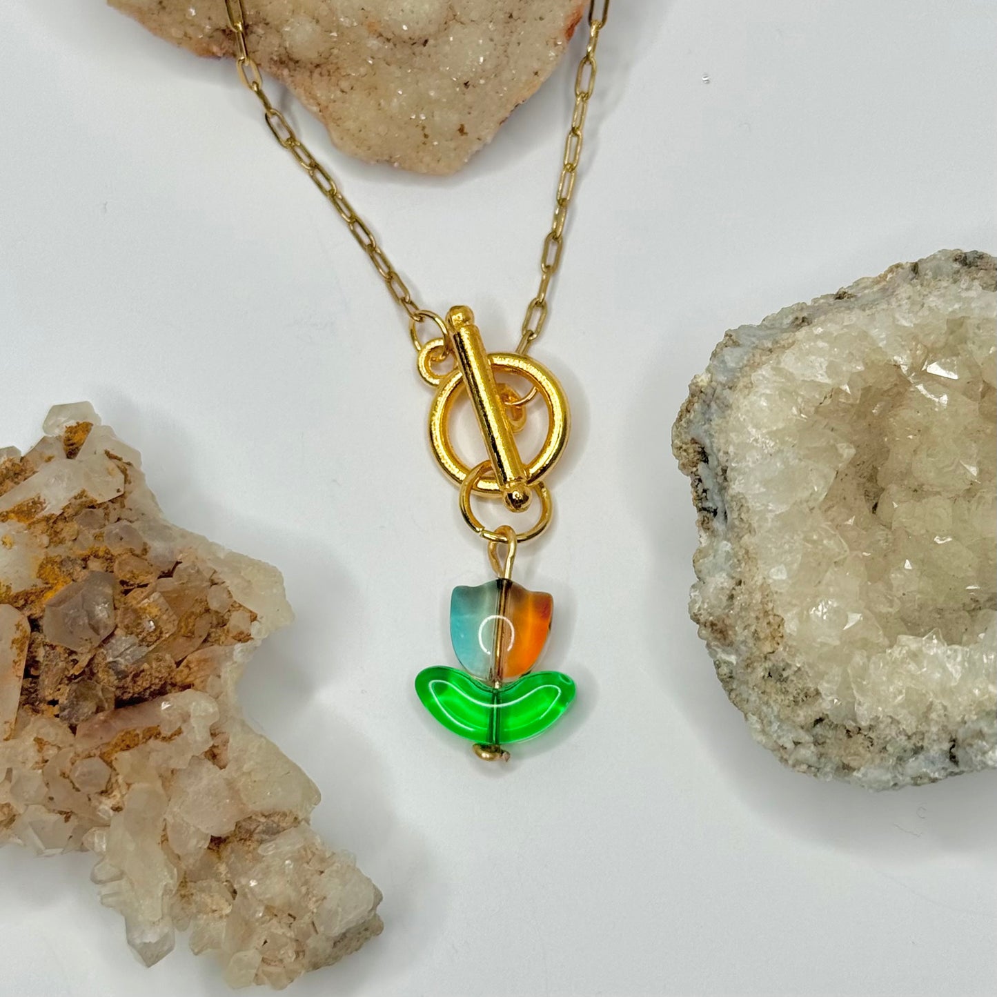 Gold Orange and Blue Tulip Toggle Necklace