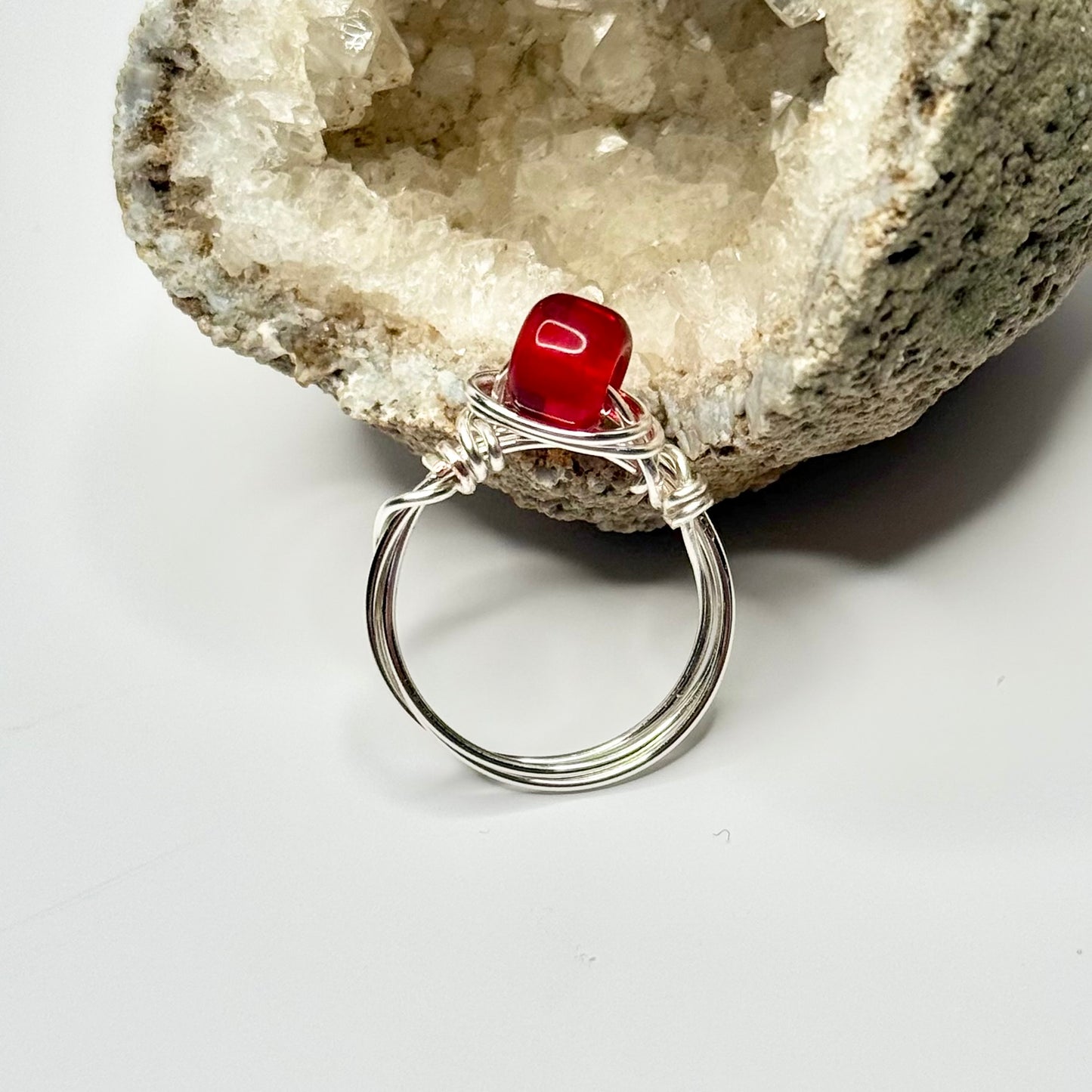 Silver Red Glass Ring
