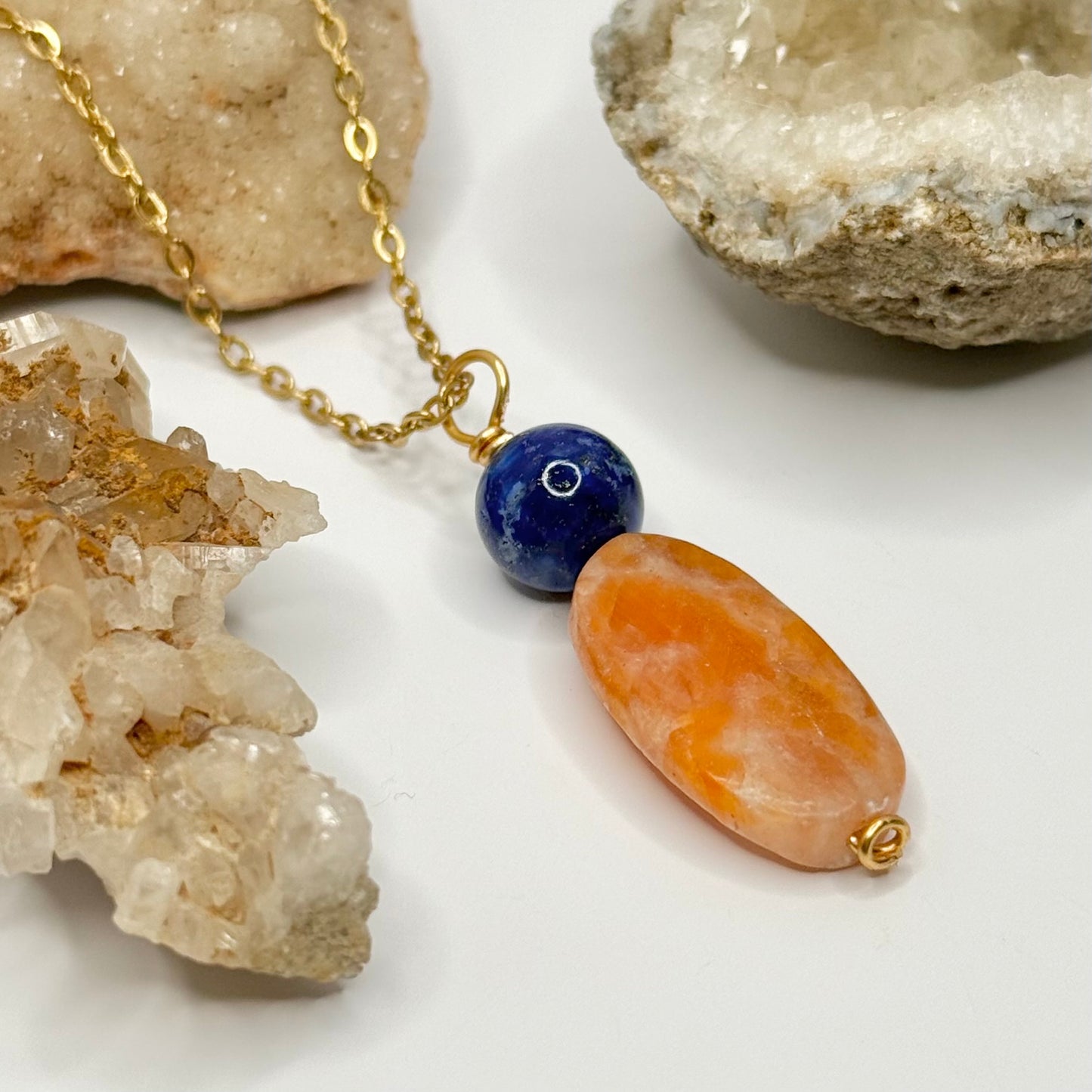 Gold Lapis and Orange Calcite Necklace