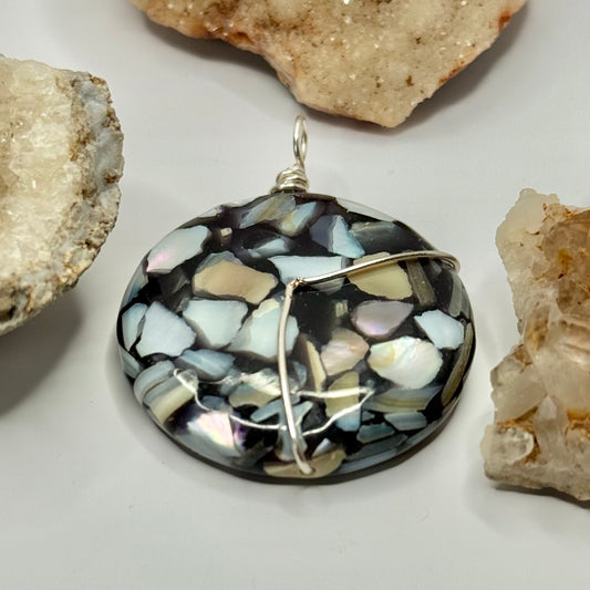 Silver Seashell and Obsidian Pendant