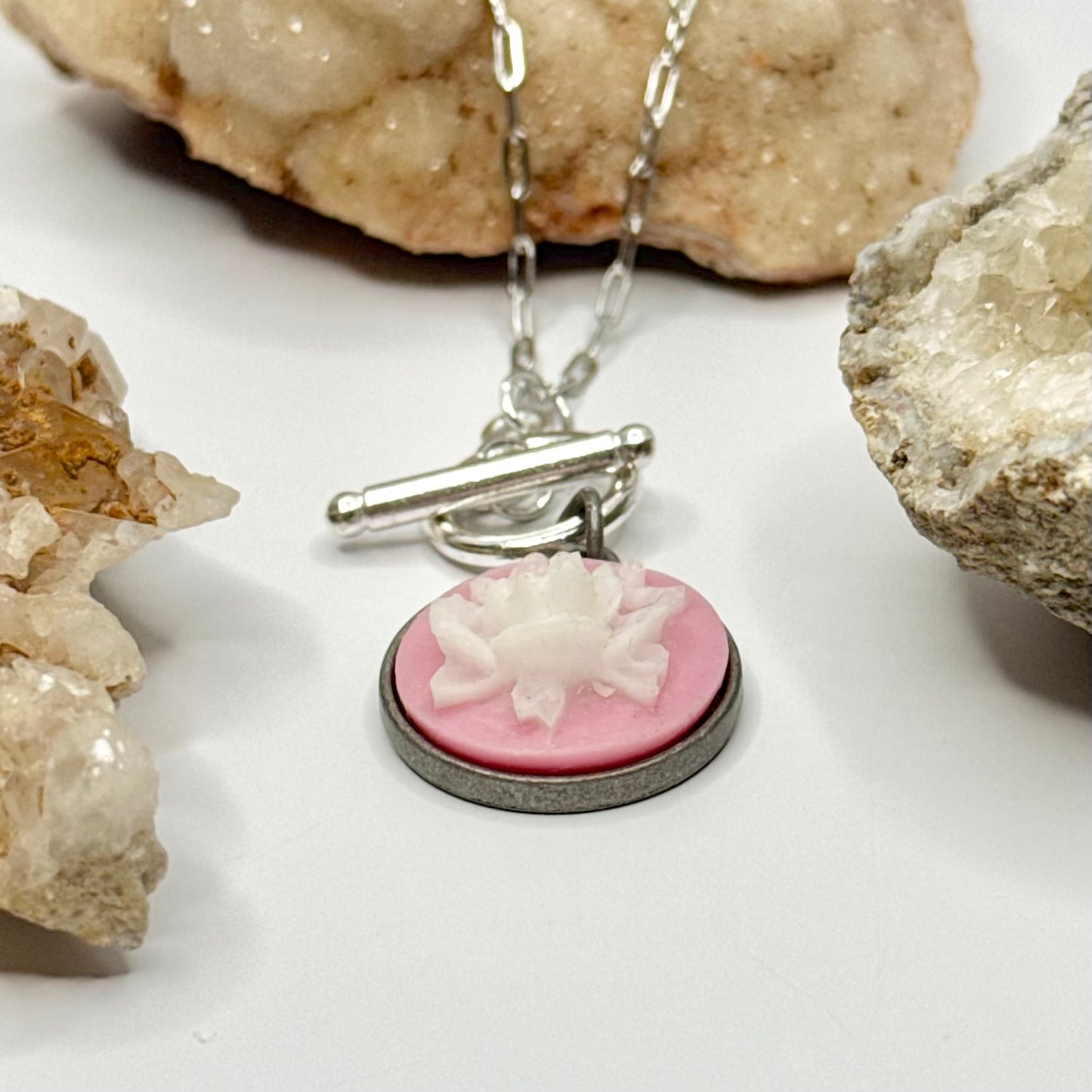 Silver Pink Flower Charm Toggle Necklace