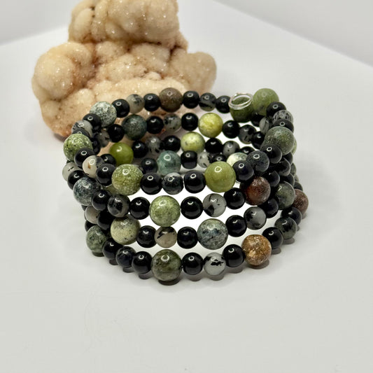 Dendritic Agate, Hematite, and Serpentine Wrap Bracelet