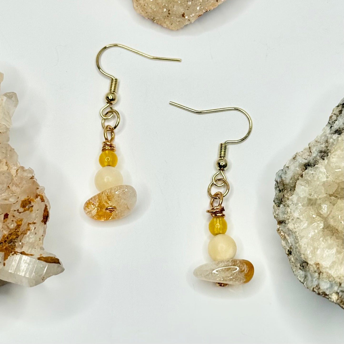 Gold Plated Citrine, Yellow Calcite, and Yellow Jade Earrings