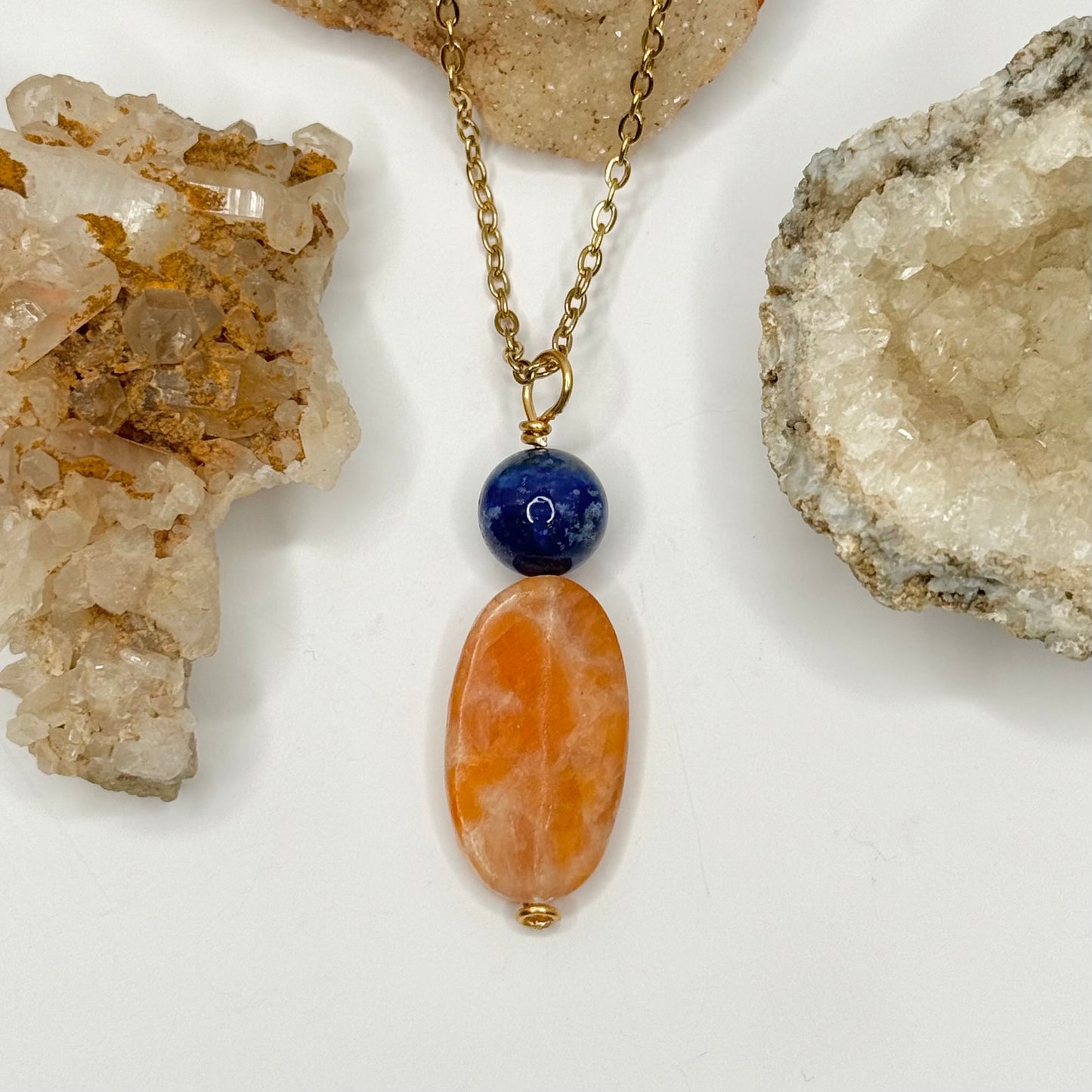 Gold Lapis and Orange Calcite Necklace