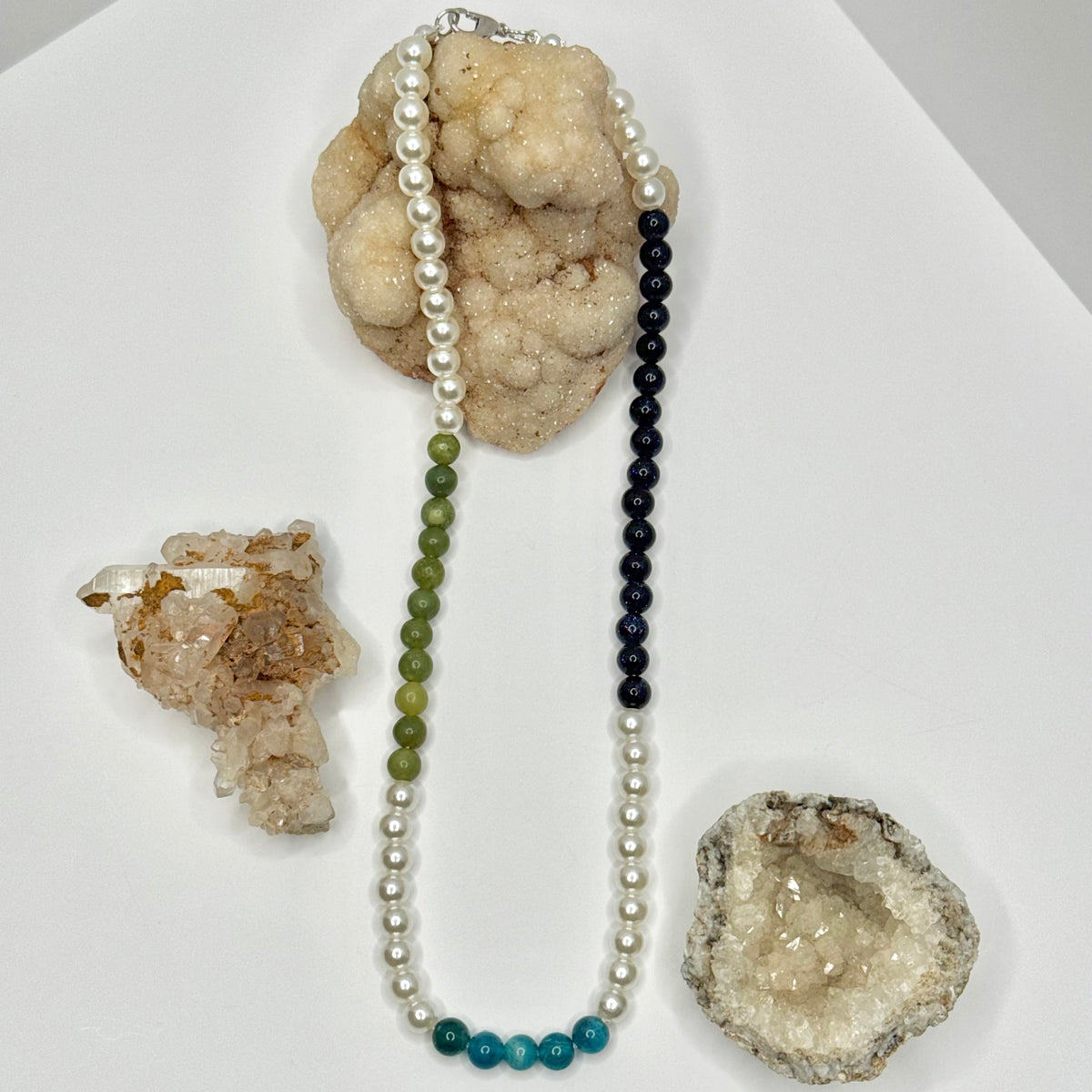 Blue Apatite, Jade, and Blue Goldstone Beaded Necklace
