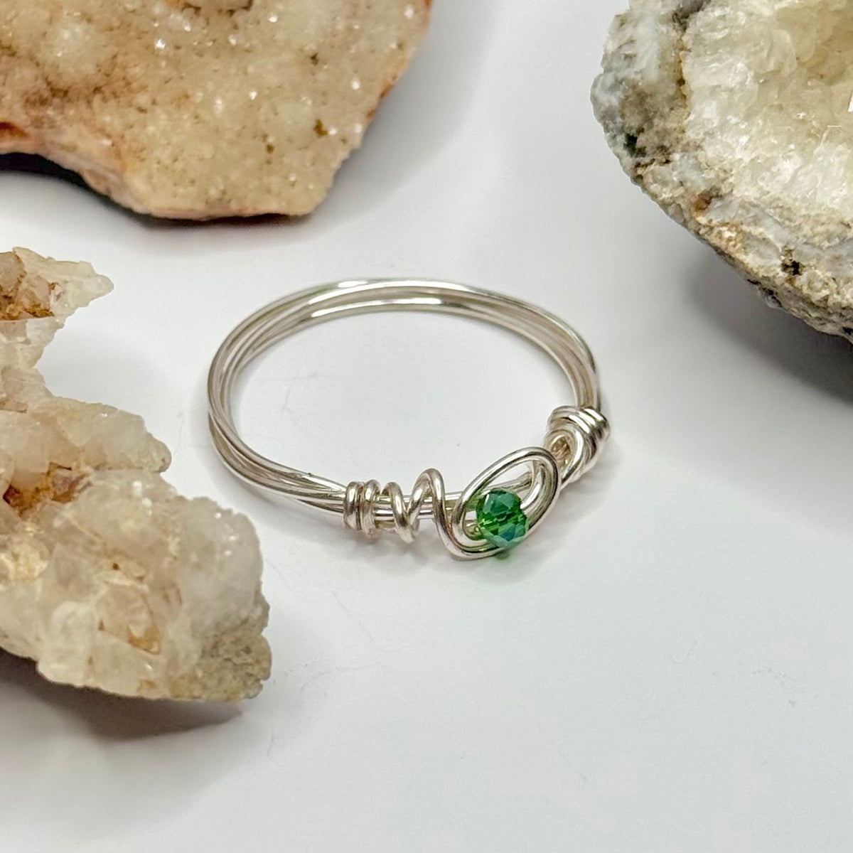Silver Green Beaded Ring