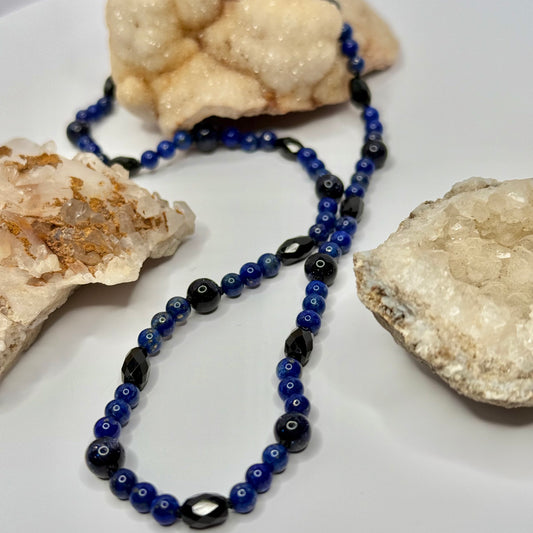 Sterling Silver Lapis, Blue Goldstone, and Onyx Beaded Necklace