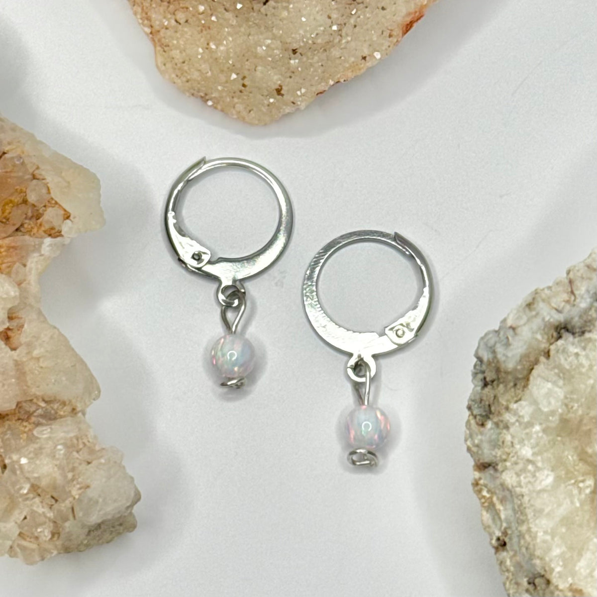 Steel Fire and Ice Opal Huggie Earrings