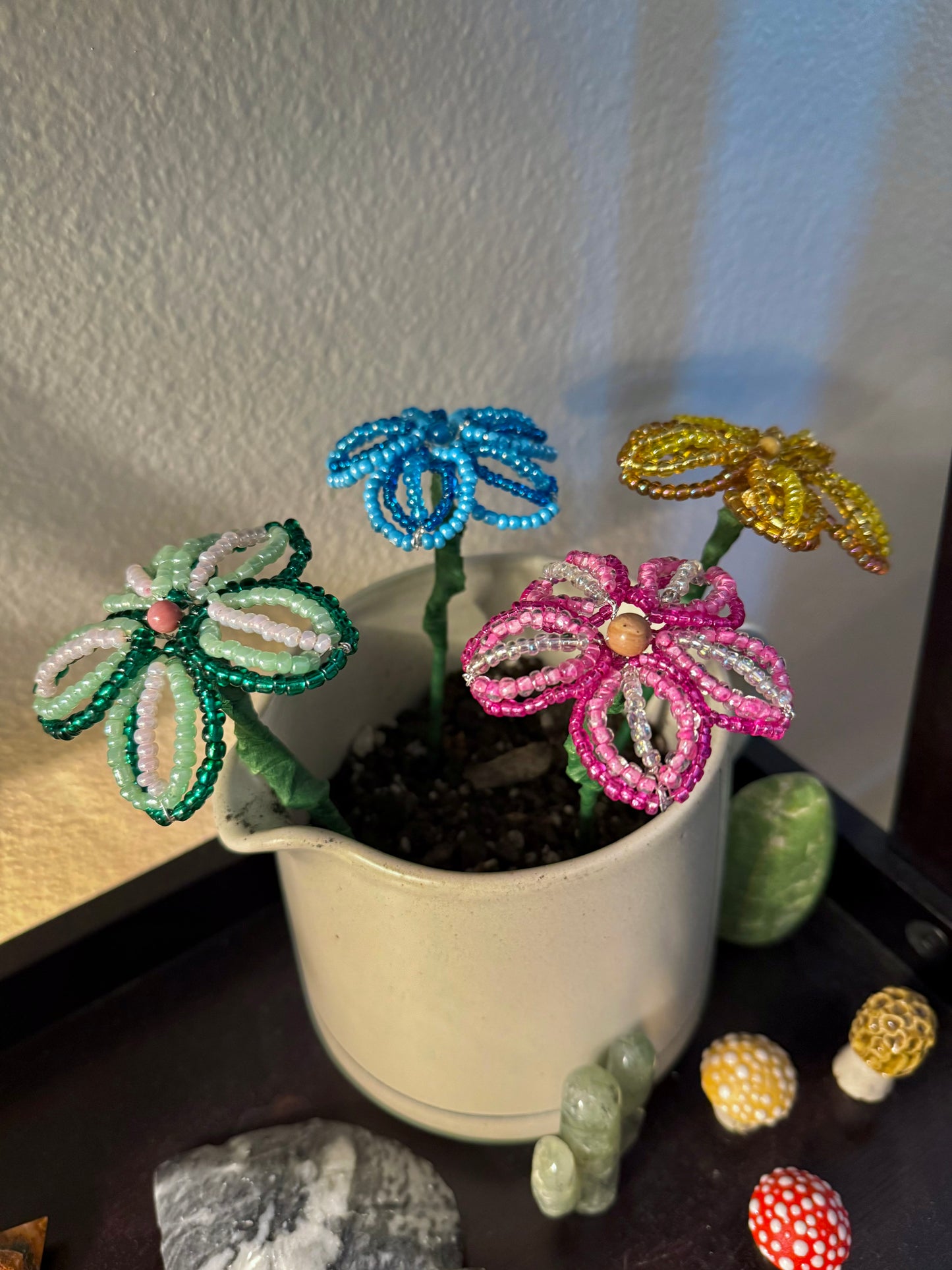 Green and Pink Beaded Flower Stake