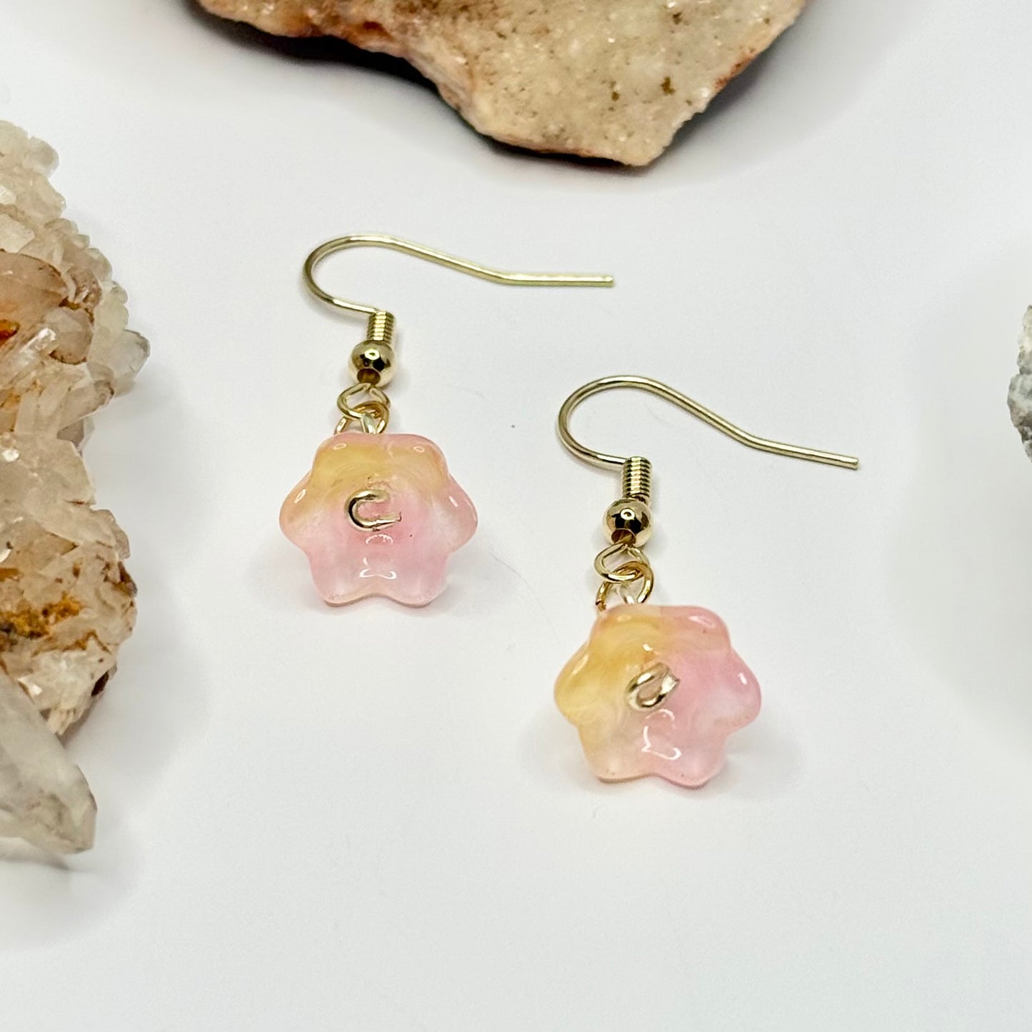 Gold Pink and Yellow Flower Earrings