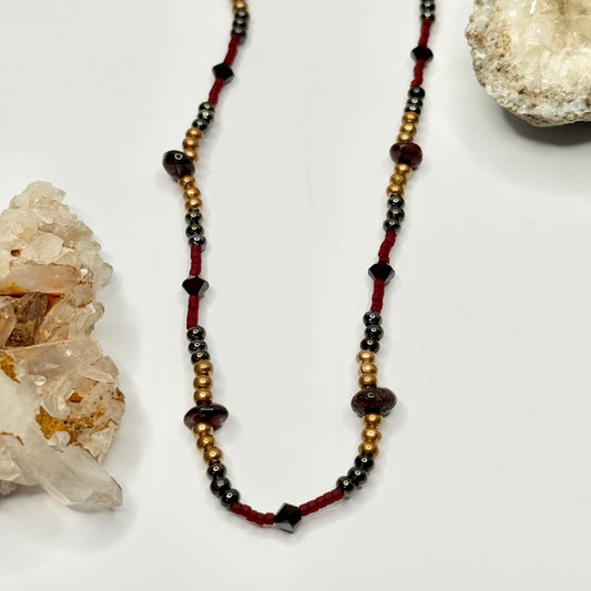 Gold Beaded Garnet Necklace