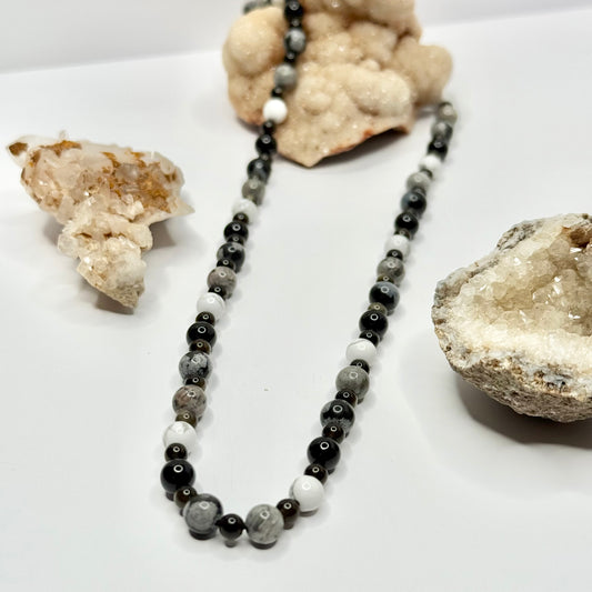 Sterling Silver Black, Gray, and White Beaded Necklace