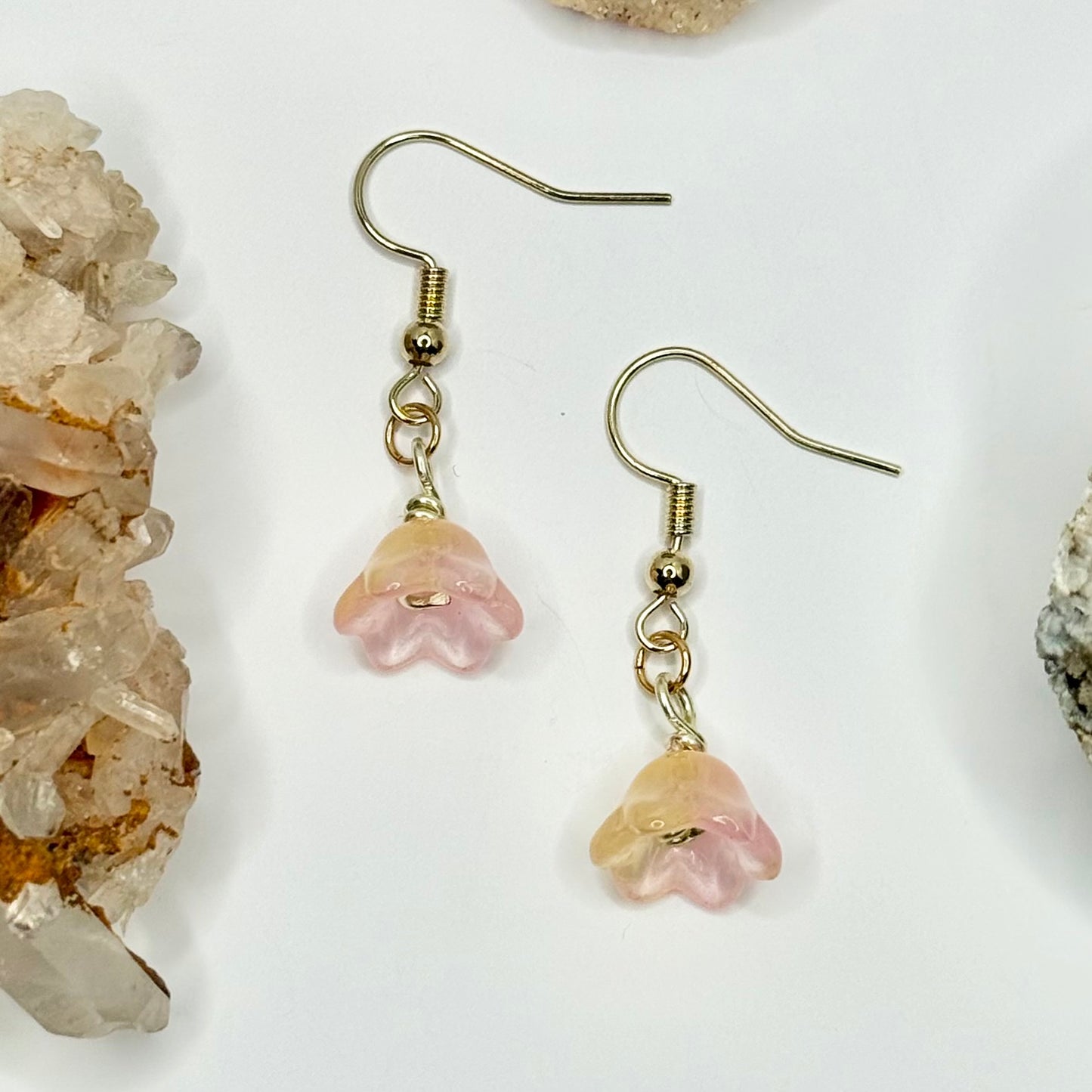 Gold Pink and Yellow Flower Earrings