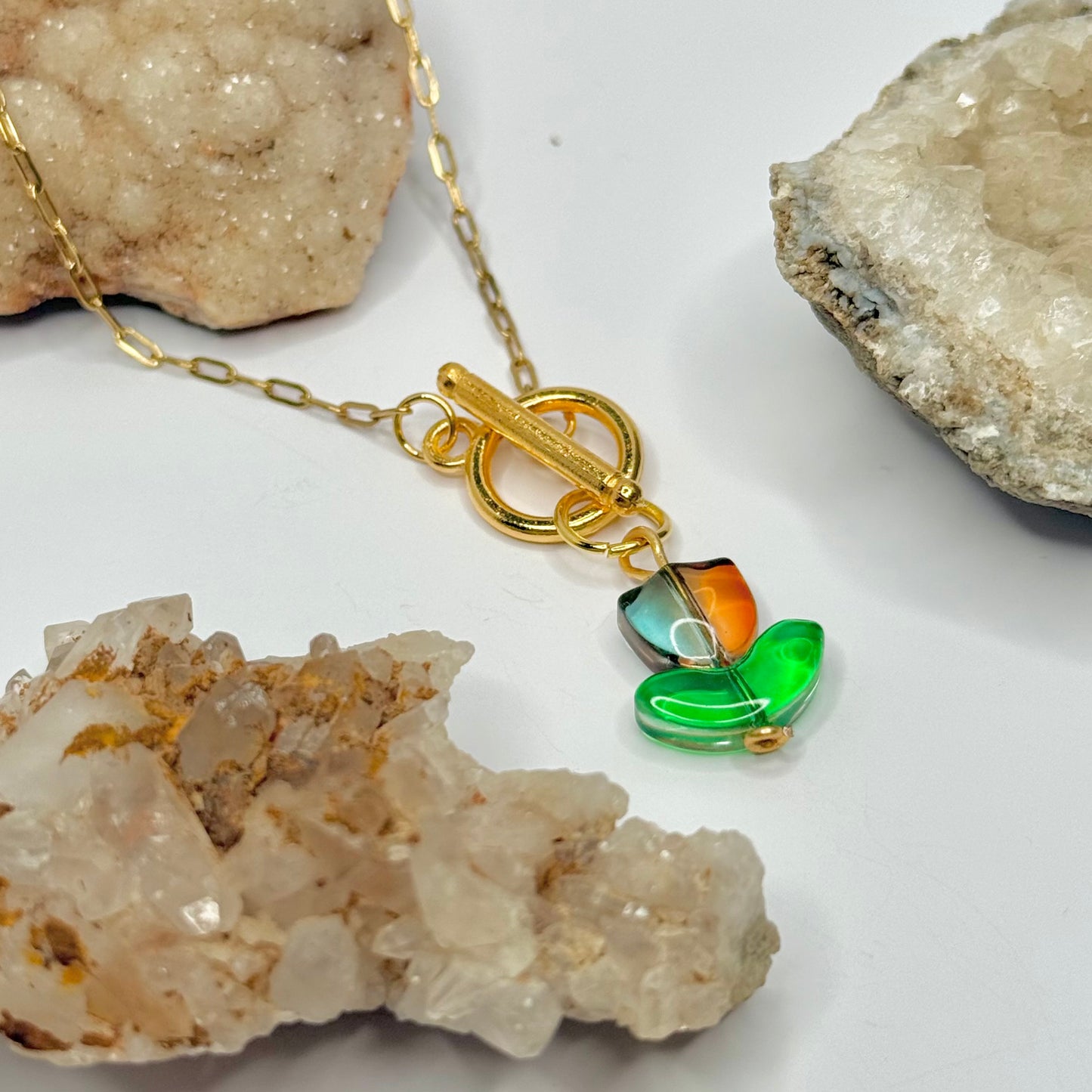 Gold Orange and Blue Tulip Toggle Necklace