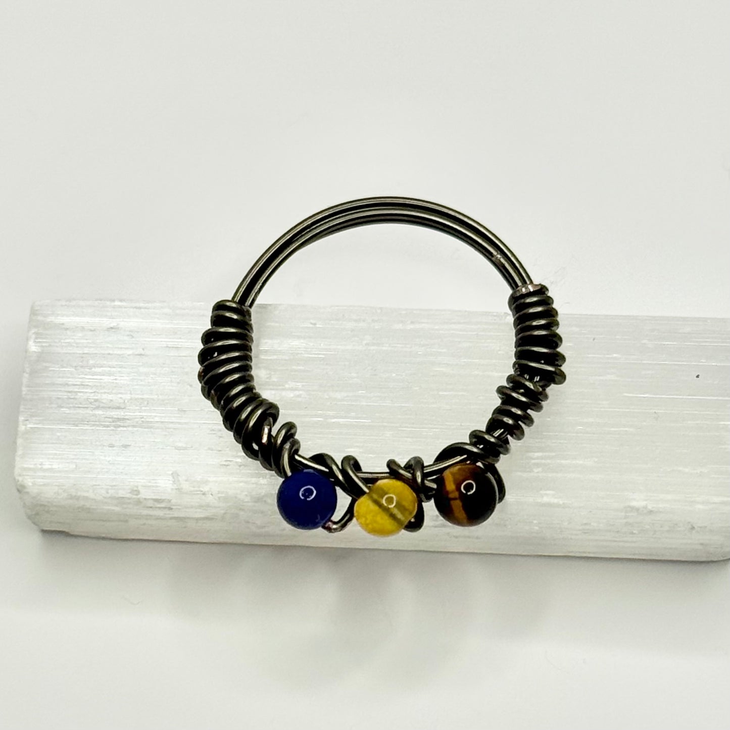 Charcoal Lapis, Yellow Jade, and Tigers Eye Ring