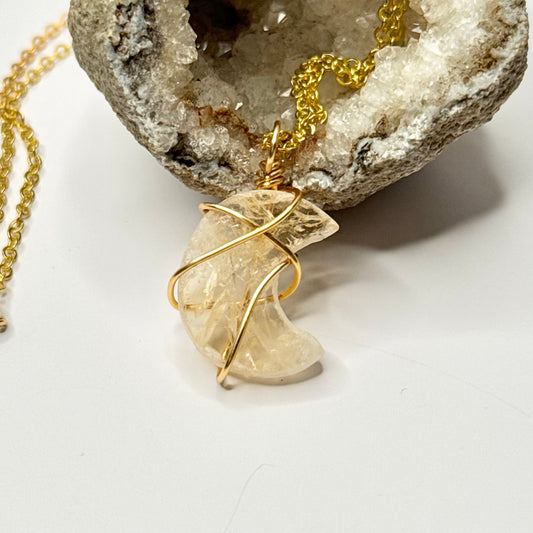 Gold Golden Healer Quartz Moon Necklace