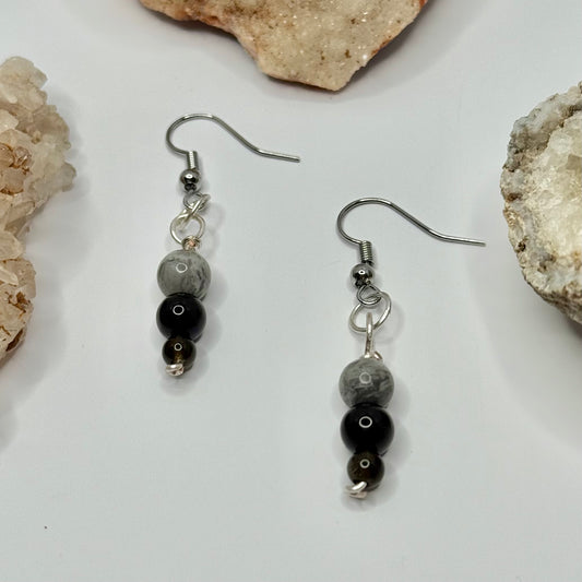 Silver Obsidian and Crazy Lace Earrings