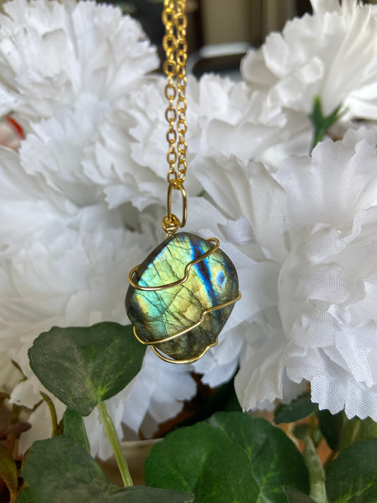 Labradorite necklace with gold wire wrapping