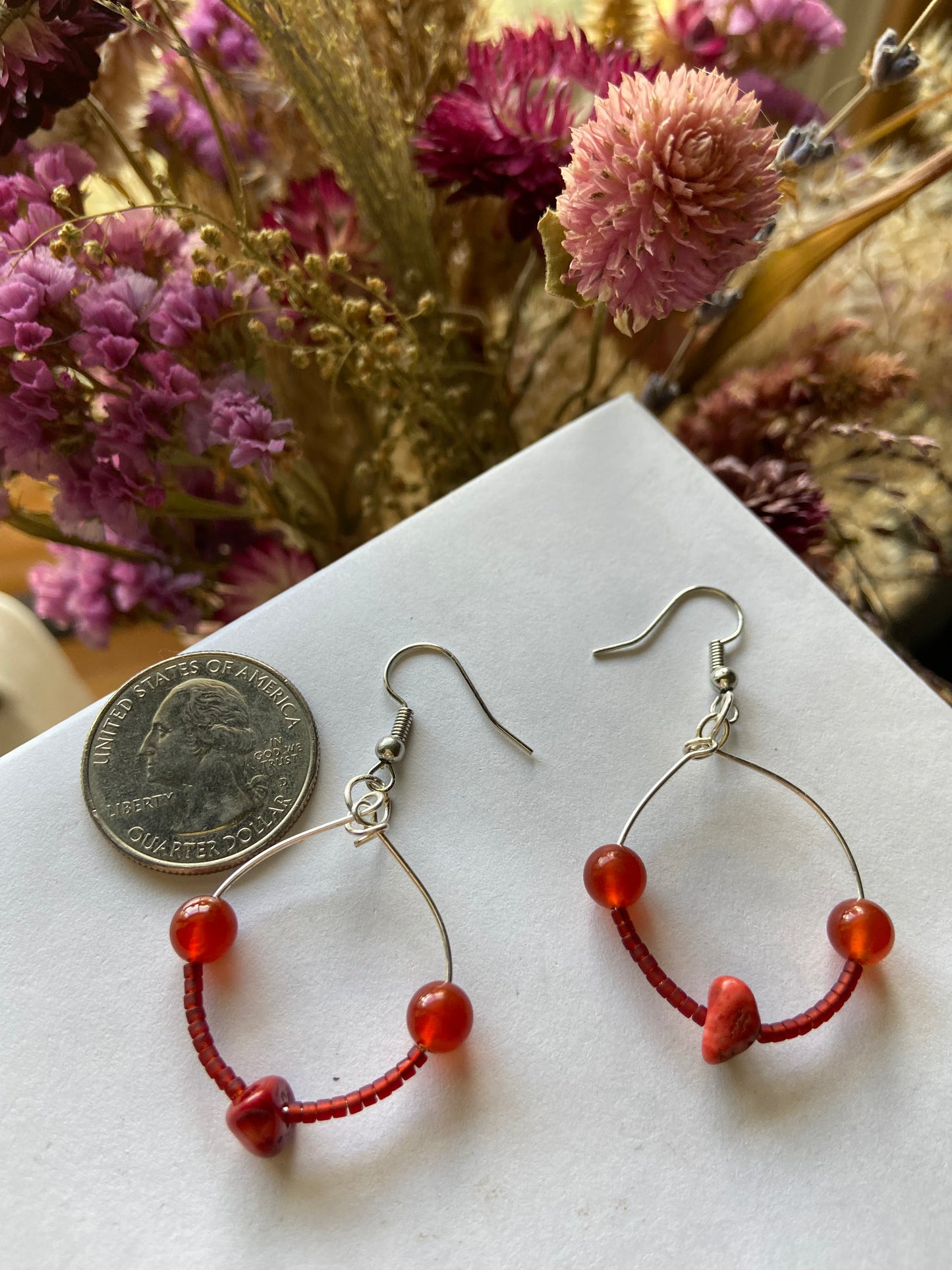 Carnelian hoop earrings with silver wire wrapping