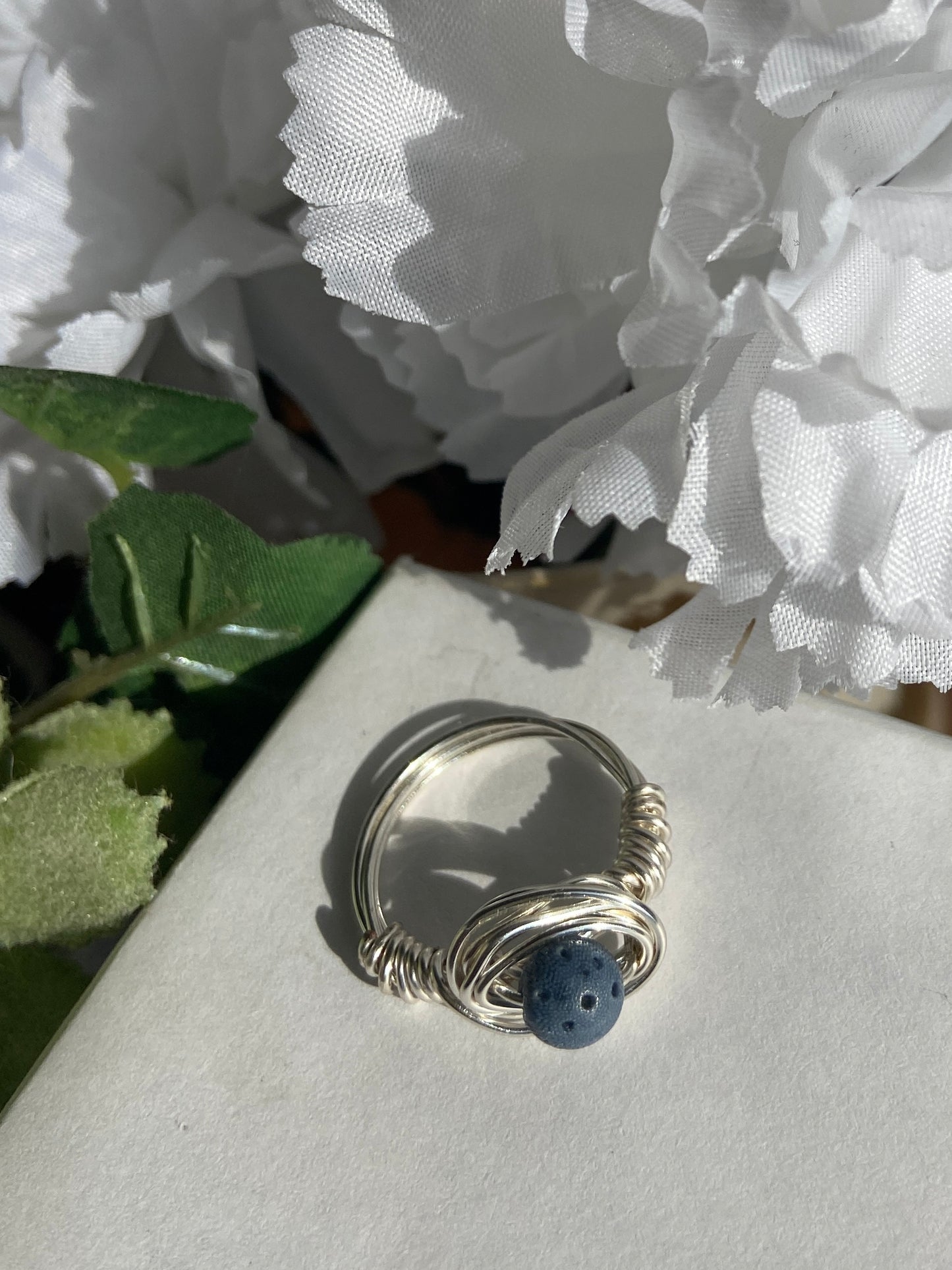 Blue Coral ring with silver wire wrapping