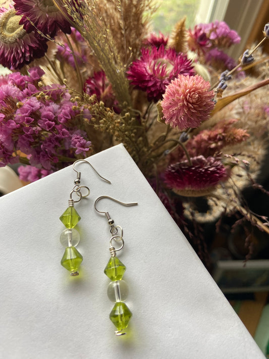 Green glass earrings with silver wire wrapping