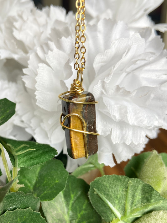 Tigers Eye necklace with gold wire wrapping