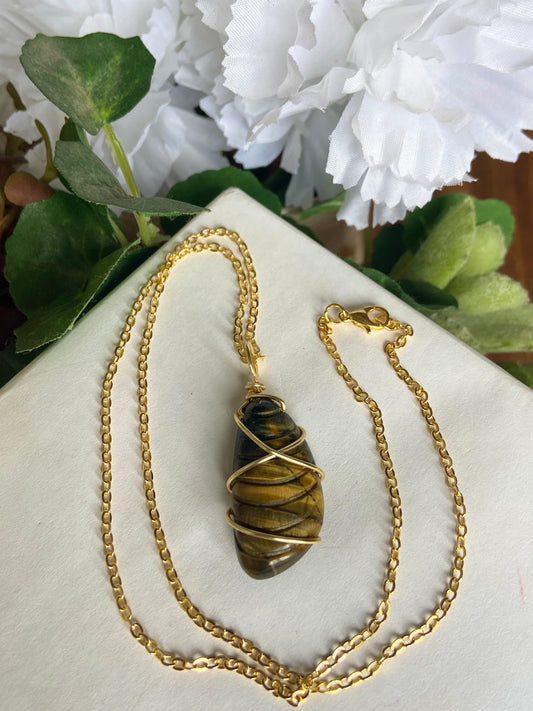 Tigers Eye necklace with gold wire wrapping