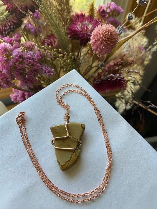 Picture Jasper necklace with rose gold wire wrapping