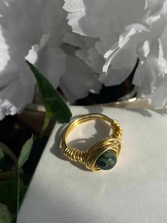 Rainforest Jasper ring with gold wire wrapping