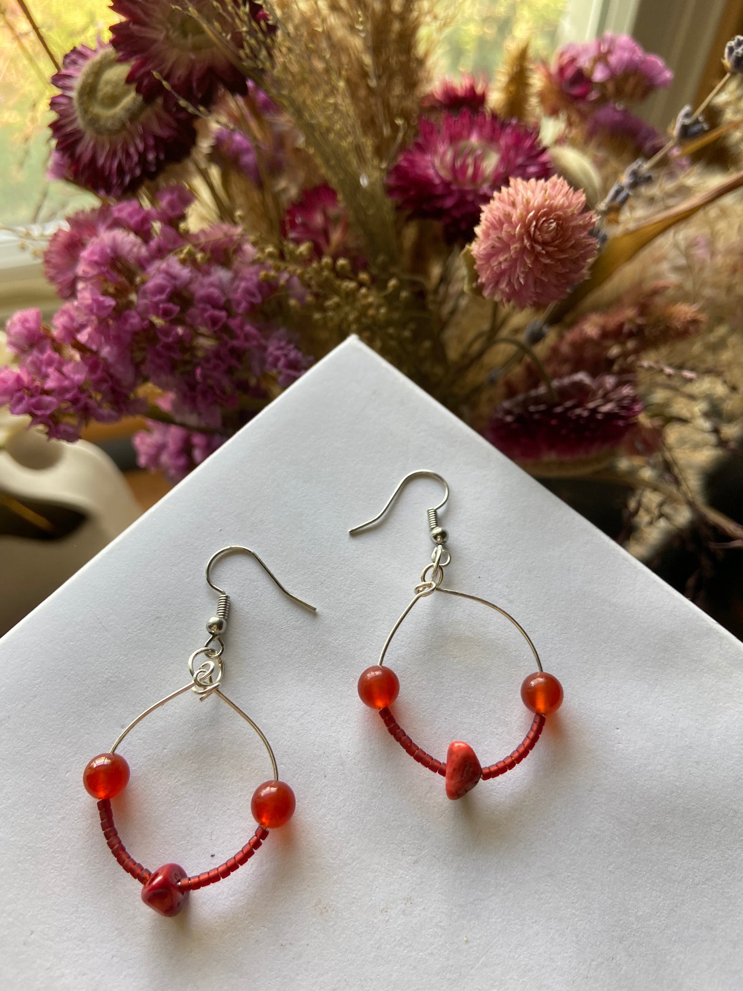 Carnelian hoop earrings with silver wire wrapping