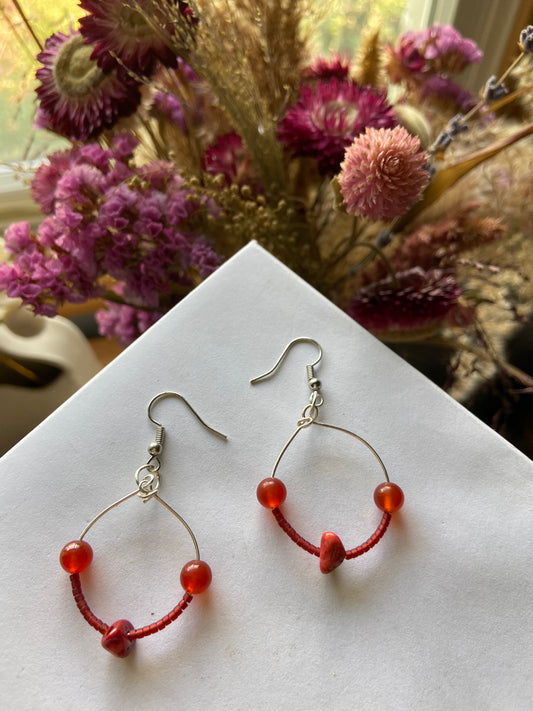 Carnelian hoop earrings with silver wire wrapping