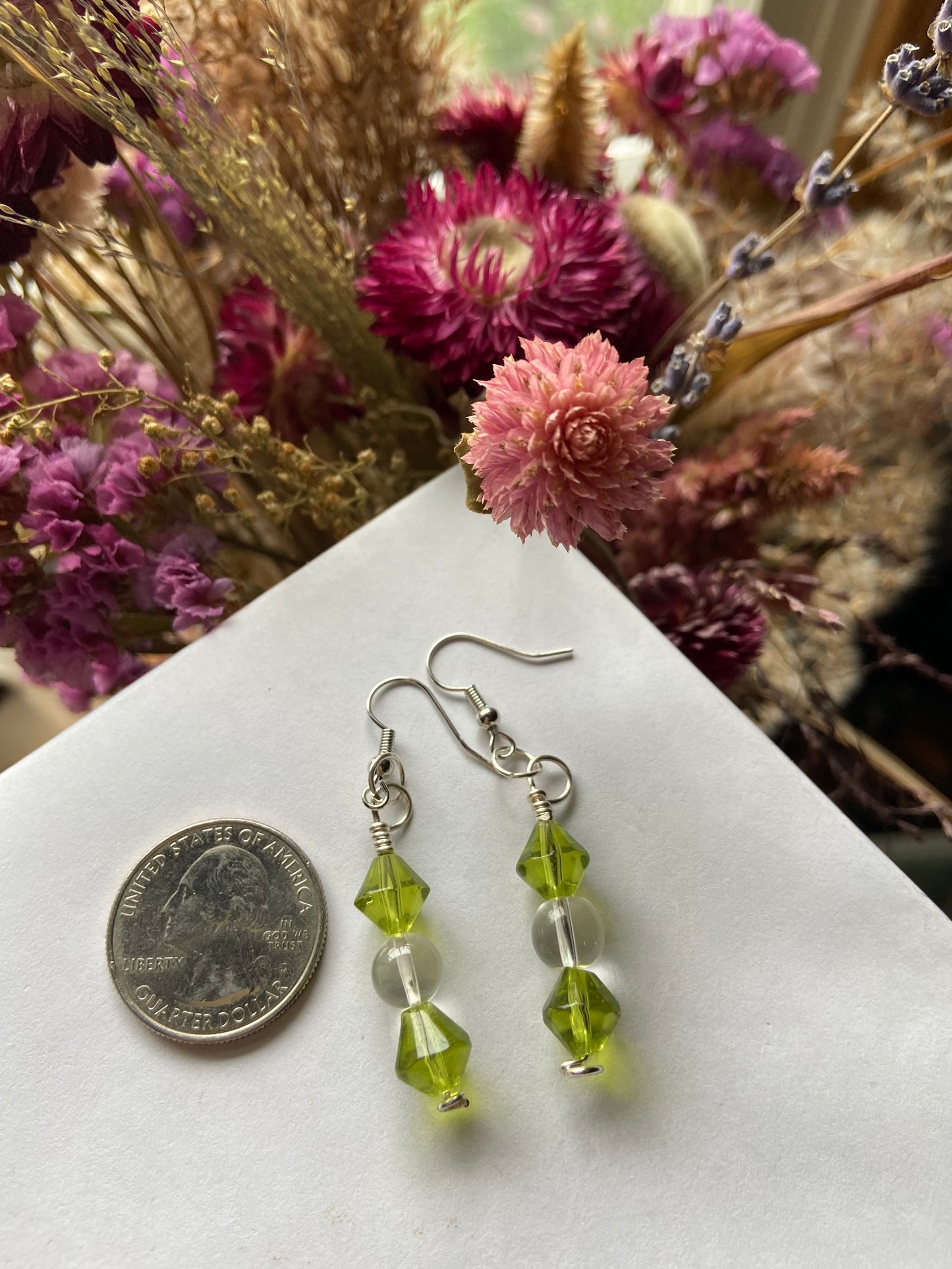 Green glass earrings with silver wire wrapping