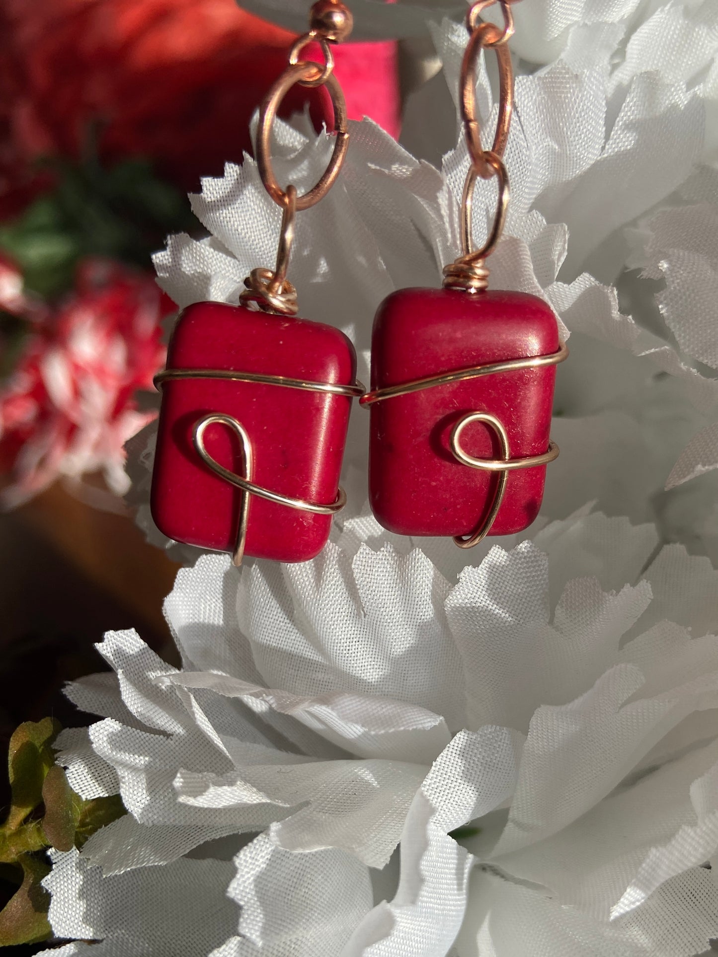 Rhodonite earrings with rose gold wire wrapping