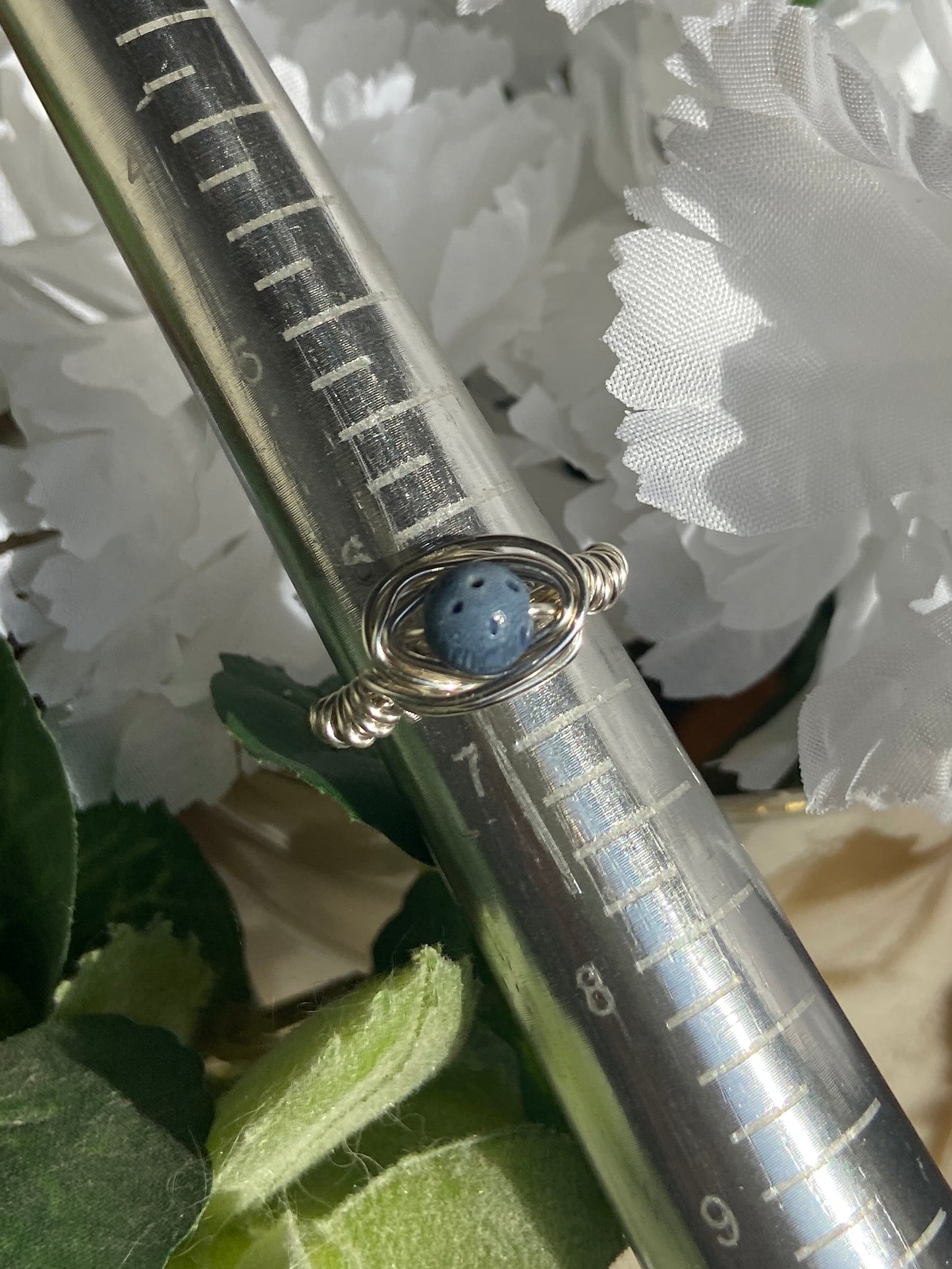 Blue Coral ring with silver wire wrapping