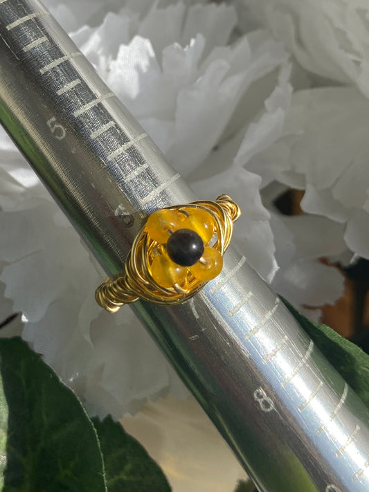 Citrine and Tigers Eye ring with gold wire wrapping