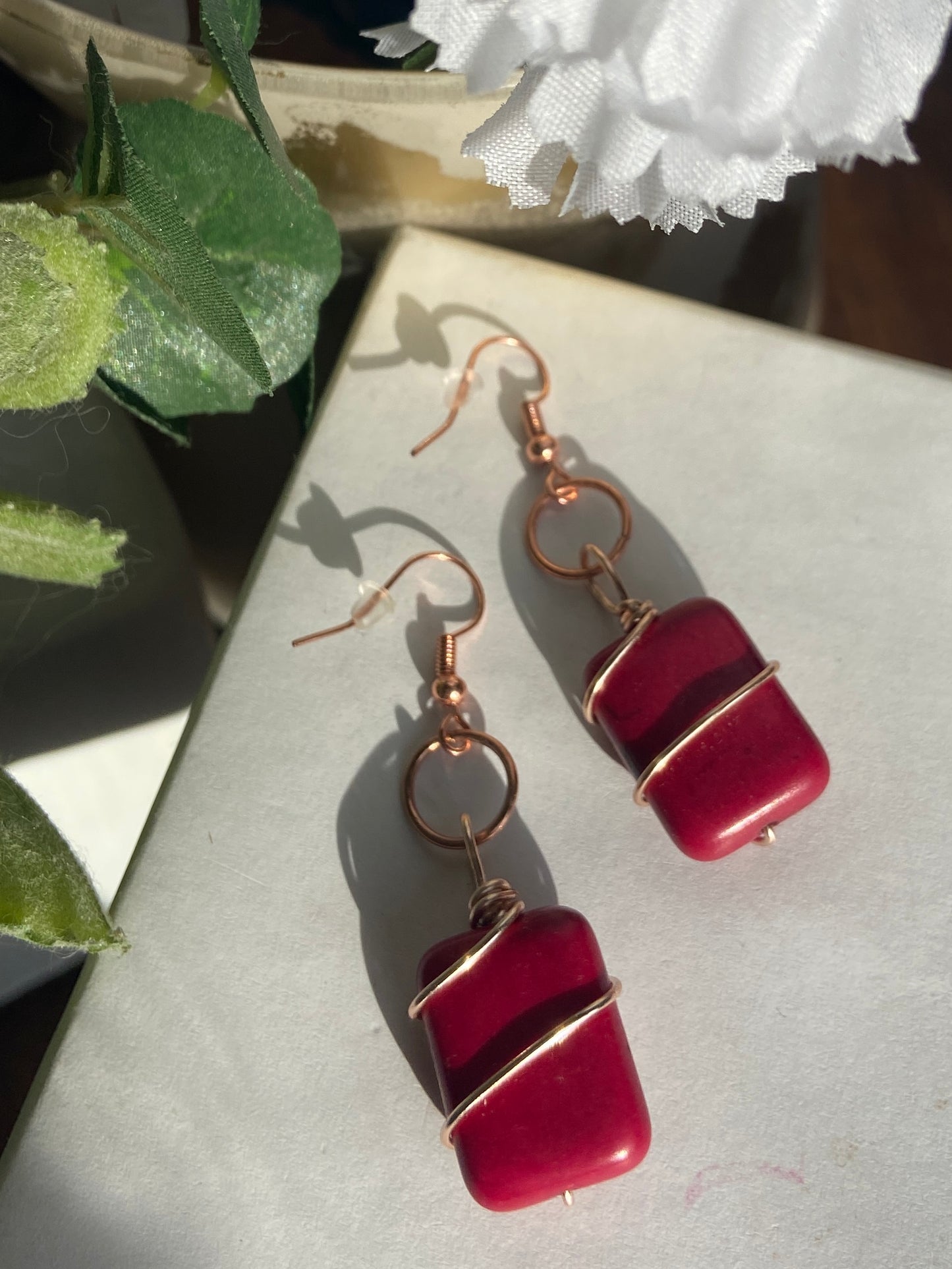 Rhodonite earrings with rose gold wire wrapping